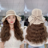 Long Brown Curly Synthetic Wig With Mesh Hat Lace Bow