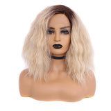 Pinkshow Dark Roots Strawberry Blonde Bob Wavy Hairstyle Synthetic Lace Front Wig