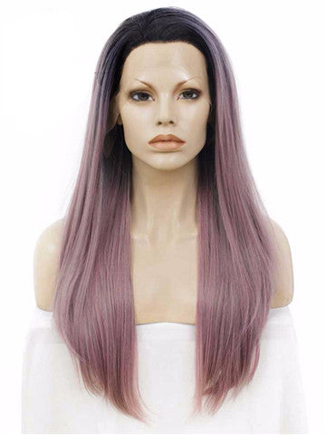 Long Black Root Grayish Pastel Pink Ombre Straight Synthetic Lace Front Wig - FashionLoveHunter