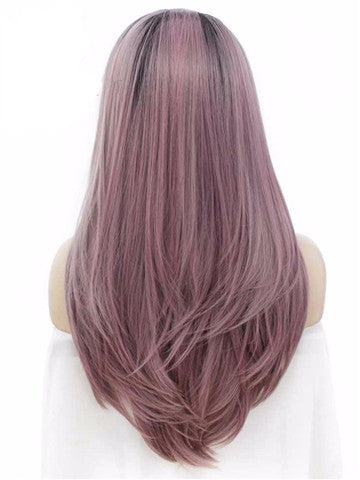 Long Black Root Grayish Pastel Pink Ombre Straight Synthetic Lace Front Wig - FashionLoveHunter