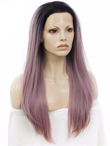 Long Black Root Grayish Pastel Pink Ombre Straight Synthetic Lace Front Wig - FashionLoveHunter