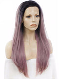 Long Black Root Grayish Pastel Pink Ombre Straight Synthetic Lace Front Wig - FashionLoveHunter