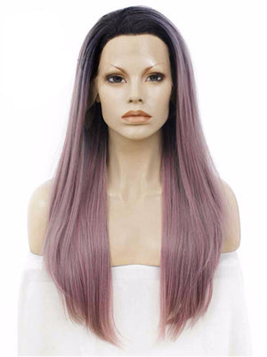 Long Black Root Grayish Pastel Pink Ombre Straight Synthetic Lace Front Wig - FashionLoveHunter