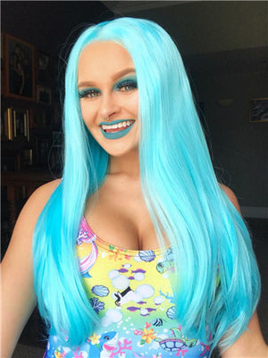 Long Bright Dew Grass Blue Synthetic Lace Front Wig - FashionLoveHunter