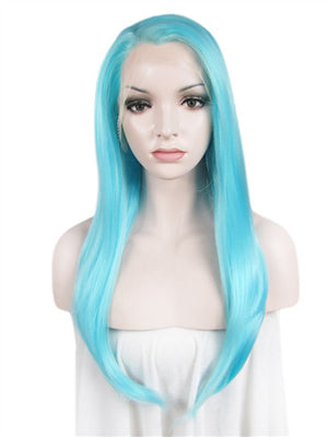 Long Bright Dew Grass Blue Synthetic Lace Front Wig - FashionLoveHunter