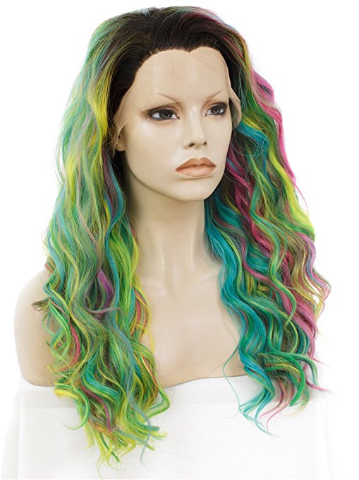 2018 New Long Colorful Rainbow Star Wave Synthetic Lace Front Wig - FashionLoveHunter