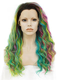 Long Colorful Rainbow Star Wave Synthetic Lace Front Wig
