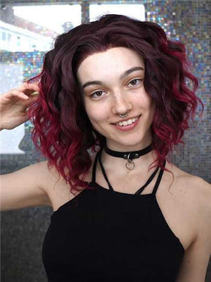 Short Burgundy Rihanna Style Wave Synthetic Lace Front Wig - FashionLoveHunter