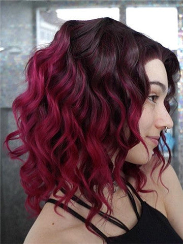 Short Burgundy Rihanna Style Wave Synthetic Lace Front Wig - FashionLoveHunter