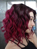Short Burgundy Rihanna Style Wave Synthetic Lace Front Wig - FashionLoveHunter