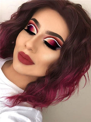 Short Burgundy Rihanna Style Wave Synthetic Lace Front Wig - FashionLoveHunter