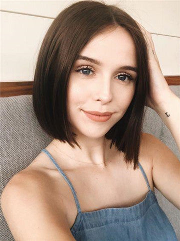 Short Cute Natural Brown Bob Synthetic Lace Front Wig - FashionLoveHunter