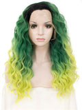 Long Forest Green To Yellow Ombre Straight Synthetic Lace Front Wig - FashionLoveHunter