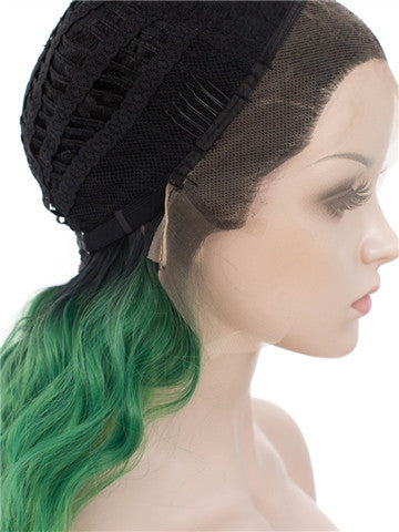 Long Forest Green To Yellow Ombre Straight Synthetic Lace Front Wig - FashionLoveHunter