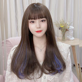 Long Brown Blue Mixed Straight Synthetic Wig With Bangs