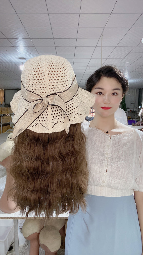 Long Brown Curly Synthetic Wig With Mesh Hat Lace Bow