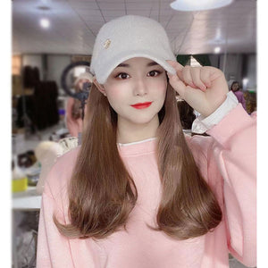 Long Brown Synthetic Wig With Peaked Cap