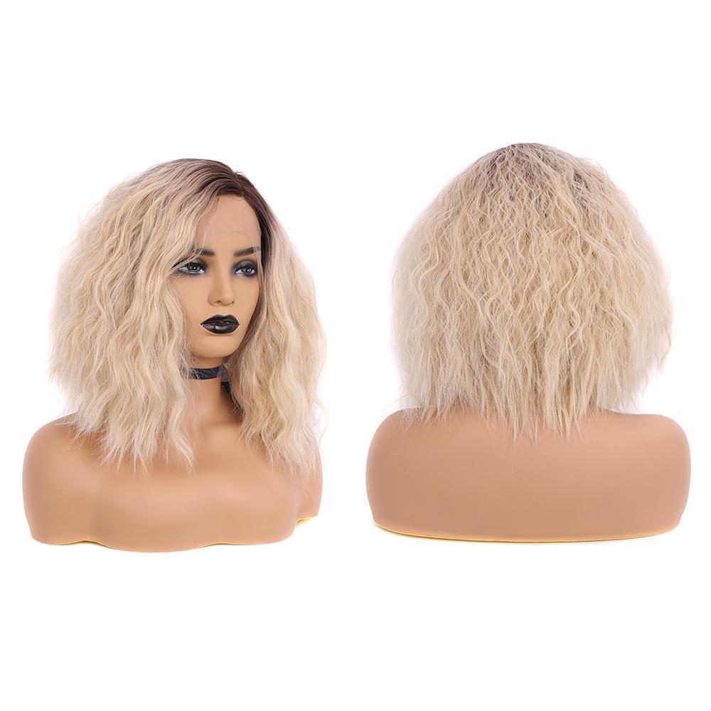 Pinkshow Dark Roots Strawberry Blonde Bob Wavy Glueless Synthetic Lace Front Wigs