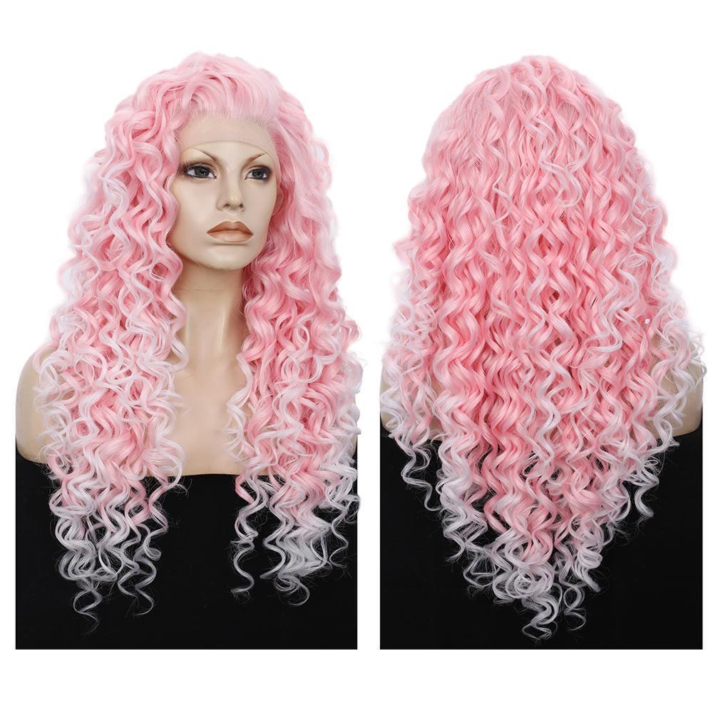 Imstyle Pink Mixed White Two Tone Color Curly Lace Front Synthetic Wig 26 inch