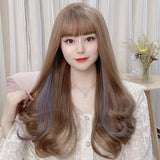 Long Brown Purple Mixed Wave Synthetic Wig With Bangs