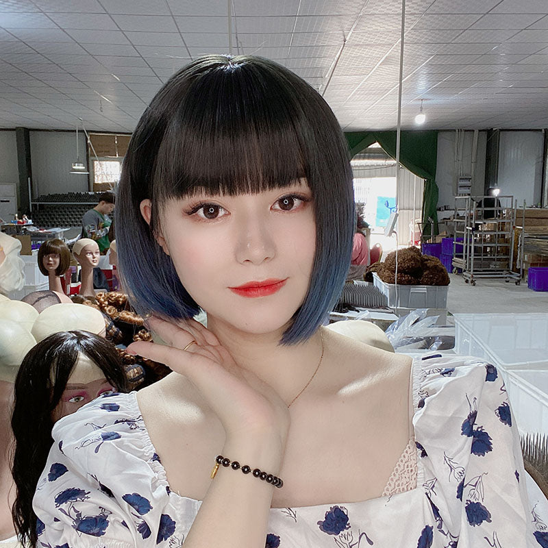 Short Black to Blue Grey Ombre Bob Synthetic Wig With Bangs