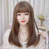 Middle Length Brown Straight Synthetic Wig With Bangs