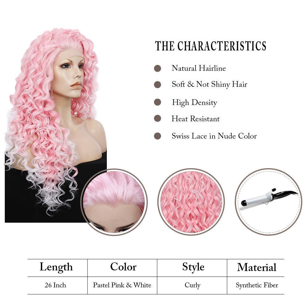 Imstyle Pink Mixed White Two Tone Color Curly Lace Front Synthetic Wig 26 inch