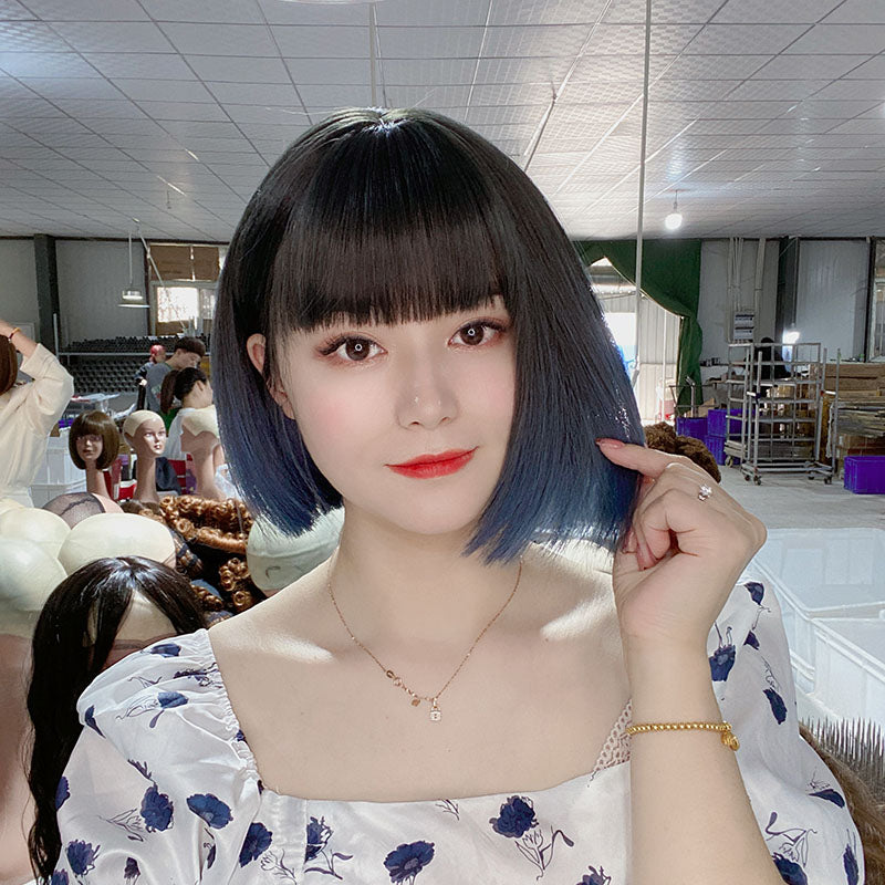 Short Black to Blue Grey Ombre Bob Synthetic Wig With Bangs
