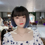 Short Black to Blue Grey Ombre Bob Synthetic Wig With Bangs