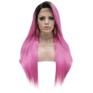 2020 New Arrival Long Black To Hot Pink Ombre Synthetic Lace Front Wig