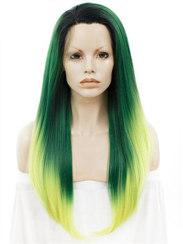 Long Forest Green To Yellow Ombre Straight Synthetic Lace Front Wig - FashionLoveHunter