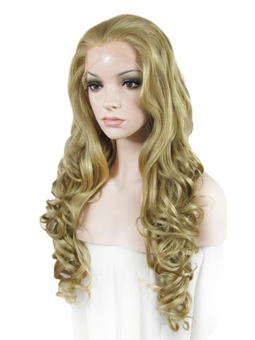 Long Ash Golden Body Wave Synthetic Lace Front Wig - FashionLoveHunter
