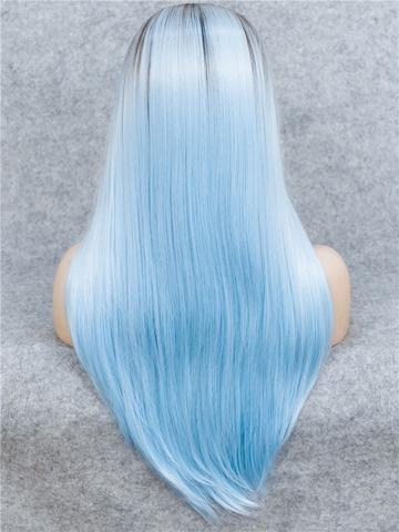 Long Black To Sky Blue Ombre Straight Synthetic Lace Front Wig - FashionLoveHunter