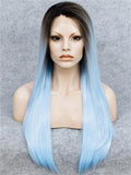 Long Black To Sky Blue Ombre Straight Synthetic Lace Front Wig - FashionLoveHunter