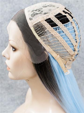Long Black To Sky Blue Ombre Straight Synthetic Lace Front Wig - FashionLoveHunter