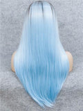 Long Black To Sky Blue Ombre Straight Synthetic Lace Front Wig - FashionLoveHunter