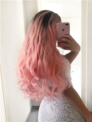 Long Black Root To Pastel Pink Bouncy Wavy Synthetic Lace Front Wig - FashionLoveHunter