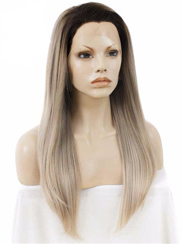Dark Root To Light Ash Blonde Ombre Straight Long Synthetic Lace Front Wig - FashionLoveHunter