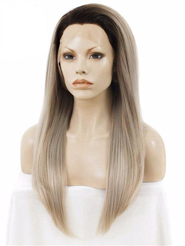 Dark Root To Light Ash Blonde Ombre Straight Long Synthetic Lace Front Wig - FashionLoveHunter