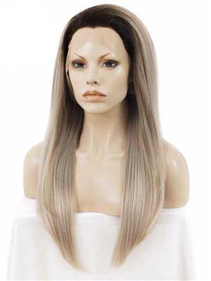Dark Root To Light Ash Blonde Ombre Straight Long Synthetic Lace Front Wig - FashionLoveHunter
