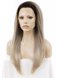 Dark Root To Light Ash Blonde Ombre Straight Long Synthetic Lace Front Wig - FashionLoveHunter