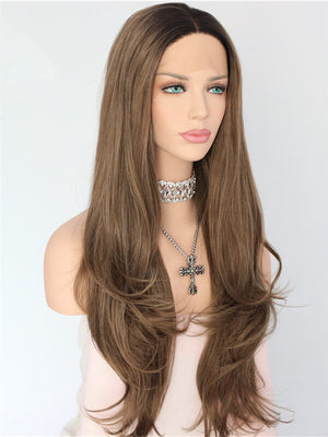 Long Dark Tan Brown Ombre Synthetic Lace Front Wig