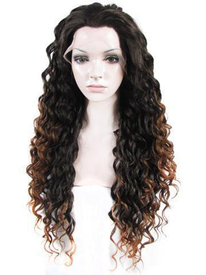 Long Black Brown Mixed Curly Synthetic Lace Front Wig - FashionLoveHunter