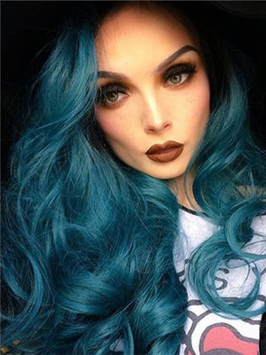 Long Black Root To Dark Green Wave Synthetic Lace Front Wig - FashionLoveHunter