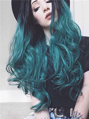 Long Black Root To Dark Green Wave Synthetic Lace Front Wig - FashionLoveHunter