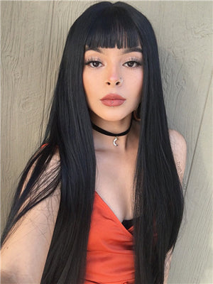 Long Black Straight Synthetic Lace Front Wig With Bang - FashionLoveHunter