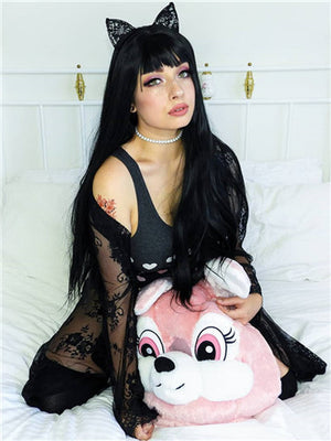 Long Black Straight Synthetic Lace Front Wig With Bang - FashionLoveHunter