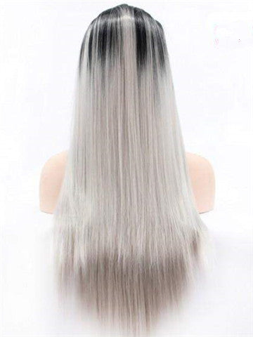 Long Black To Grey Ombre Straight Synthetic Lace Front Wig - FashionLoveHunter