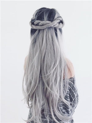 Long Black To Grey Ombre Straight Synthetic Lace Front Wig - FashionLoveHunter
