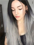 Long Black To Grey Ombre Straight Synthetic Lace Front Wig - FashionLoveHunter